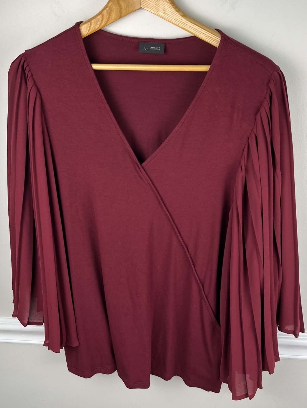 J. Jill Wearever Pleated Bell Sleeve Faux Wrap Top - Bordeaux Burgundy. LG. #290